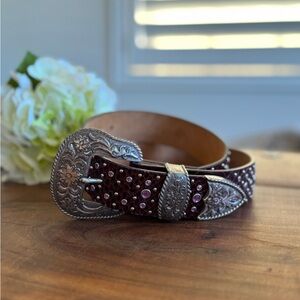 Ariat Burgundy Leather Belt 34/85 Purple Crystals Stud Floral Silver Tone Buckle